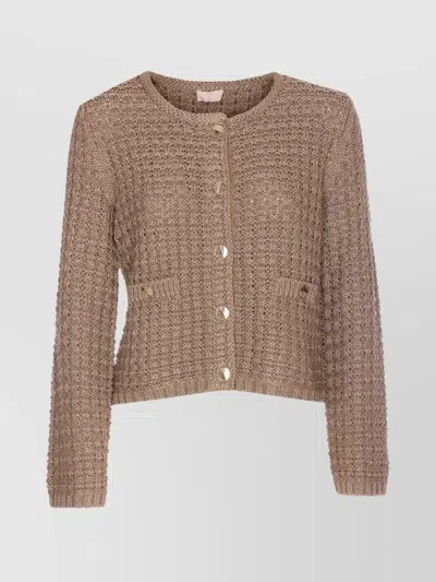 Liu •jo Crewneck Knitted Lurex Metallic Finish Jacket In Beige