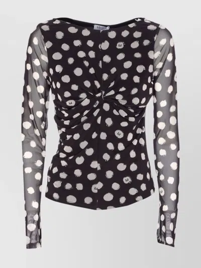 Liu •jo Crewneck Polka Dots Ruched Twist Front Top In Black
