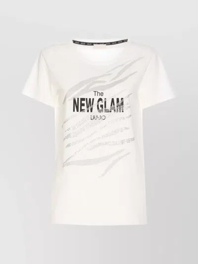 Liu •jo Crewneck T-shirt With Frontal Strass And Graphic Print In White