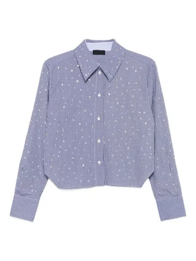 LIU •JO CROPPED BLUE SHIRT WITH CHECKERED PATTERN