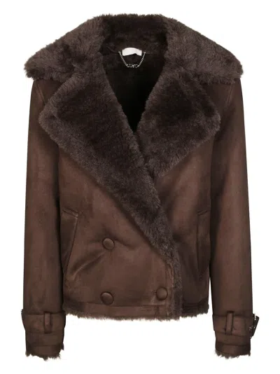 LIU •JO CROPPED BROWN SHEARLING-LINED JACKET