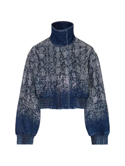 Liu •jo Cropped Denim Bomber With Rhinestones In Blue