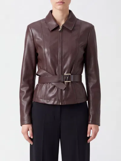 Liu •jo Liu Jo Cropped Shirt-style Faux Leather Jacket With Waist Belt By In Brown
