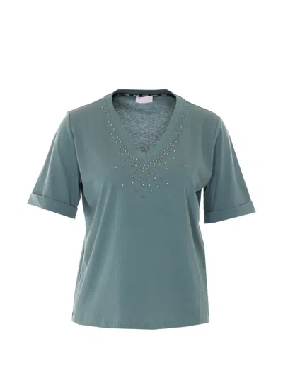 Liu •jo Crystal-appliqué V-neck T-shirt In Green