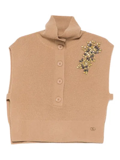 Liu •jo Sleeveless Beige Knit Vest With Embellished Shoulder And High Collar In Brown