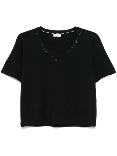 Liu •jo Crystal-embellished Logo T-shirt In Black