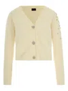 Liu •jo White Wool Cardigan With Rhinestones In Yellow