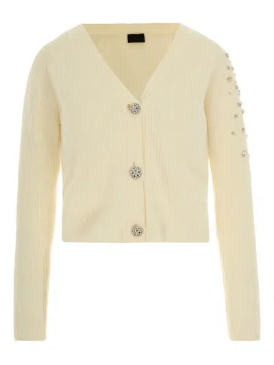 Liu •jo White Wool Cardigan With Rhinestones In Yellow