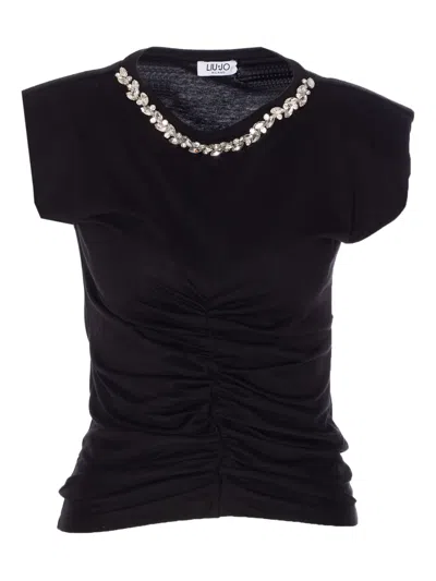 LIU •JO CRYSTAL-EMBELLISHED RUCHED T-SHIRT