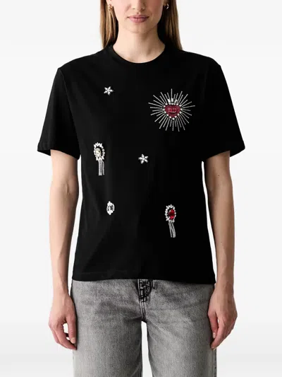 Liu •jo Crystal-embellished Heart-motif T-shirt In Black
