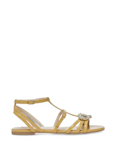 Liu •jo Crystal-embellished Leather Sandals In Gold