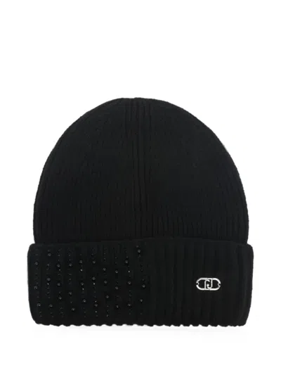 Liu •jo Crystal-embellished Logo-plaque Beanie Hat In Black