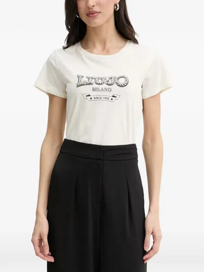 Liu •jo Crystal-embellished Logo-print T-shirt In Neutral