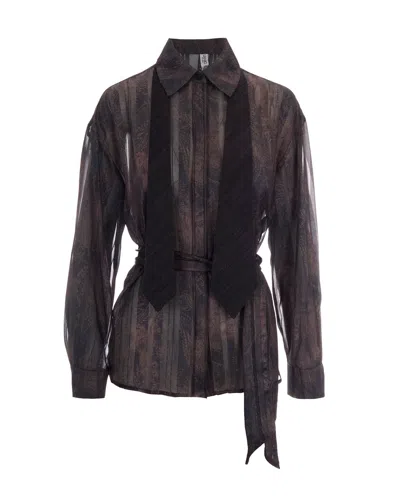 Liu •jo Dark Brown Digital Print Metallic Shirt In Black