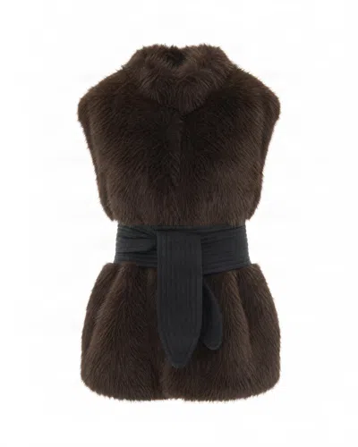 Liu •jo Dark Brown High Collar Faux Fur Vest In Black