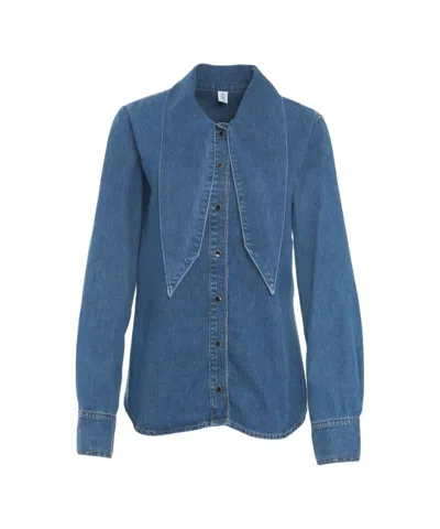Liu •jo Denim Blouse With Bow Neck In Blue