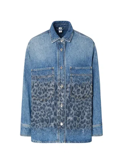 Liu •jo Denim Overshirt With Animal Print Rhinestones In Blue