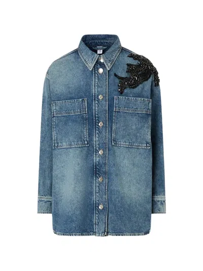 Liu •jo Denim Overshirt With Jewel-embroidery In Blue