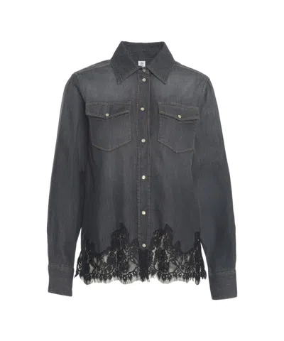 Liu •jo Denim Shirt With Lace Trim In Black