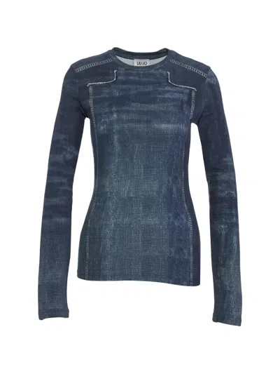Liu •jo Denim-print Long-sleeve T-shirt In Blue