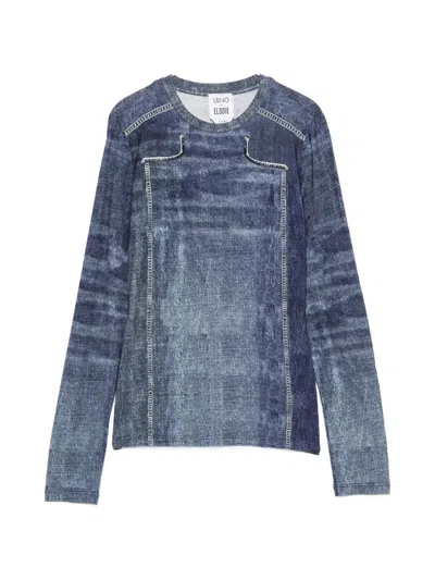 Liu •jo Denim-print Long-sleeve T-shirt In Blue