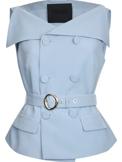 LIU •JO LIU JO DOUBLE-BREASTED BLUE JACKET WITH OVERSIZED COLLAR