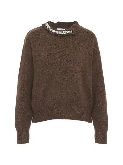 Liu •jo Embellished Frayed-collar Sweater In Brown