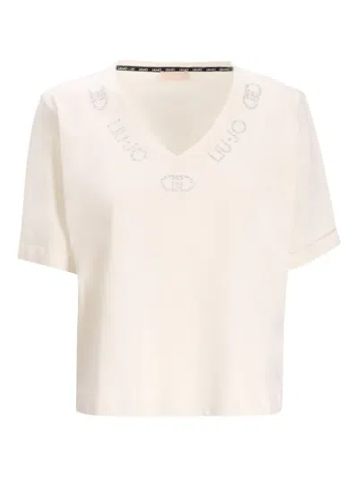 Liu •jo Embellished V-neck T-shirt In Neutral