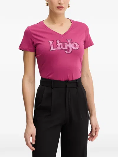 Liu •jo Embellished V-neck T-shirt In Pink