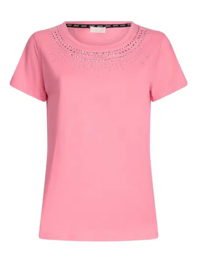 Liu •jo Embellished-details Cotton T-shirt In Pink