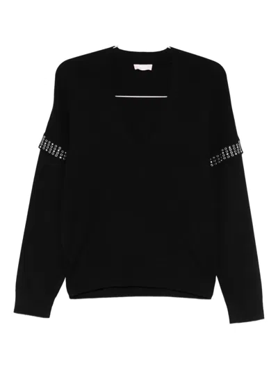 Liu •jo Eyelet-embellished V-neck Jumper In Black