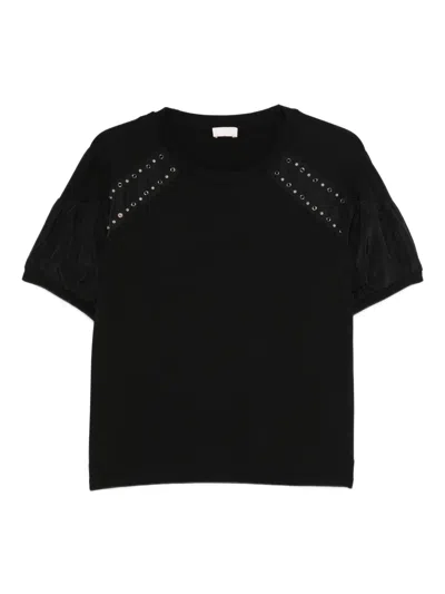 Liu •jo Eyelet Puff-sleeve T-shirt In Black
