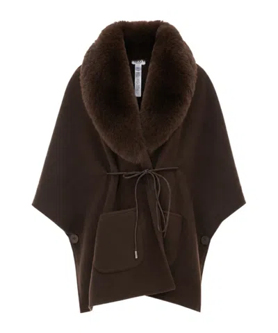 Liu •jo Liu Jo Faux Fur Trim Belted Cape In Brown