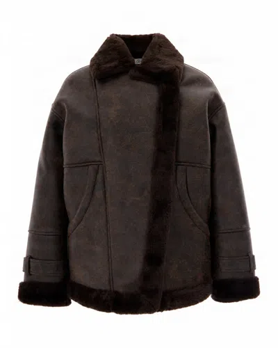 Liu •jo Liu Jo Faux Fur Trim Shearling Coat In Brown