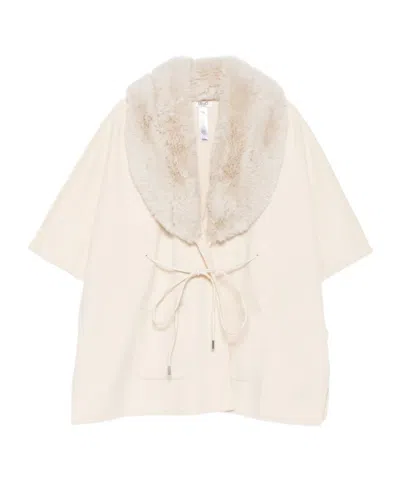 Liu •jo Faux-fur Collar Tie-fastening Cape In Neutral