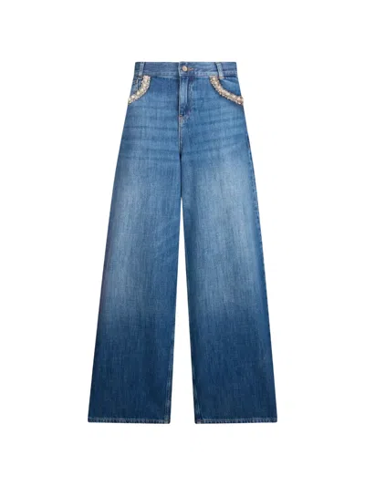 Liu •jo Flared Jeans With Bejewelled Appliqués In Blue