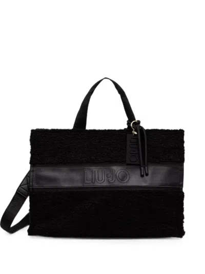 Liu •jo Fleece-texture Logo-patch Tote Bag In Black