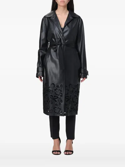 Liu •jo Floral Appliqué Belted Coat In Black