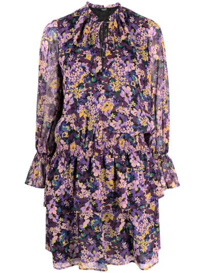 Liu •jo Floral-print Ruffled Minidress In Purple