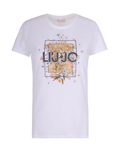 Liu •jo Liu Jo Floral Print With Strass Embellishment T-shirt In White