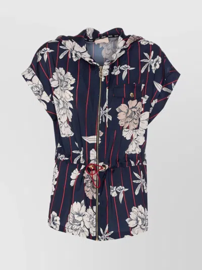 Liu •jo Floral Striped Hooded Vest With Drawstring Waist In Multicolour