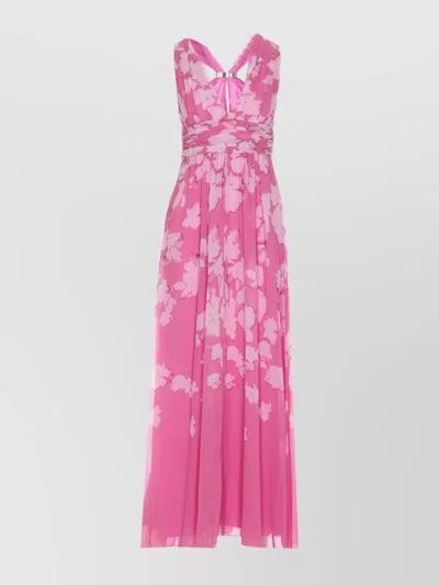 Liu •jo Floral V-neck Pleated Dress With Back Strap Detail In Purple