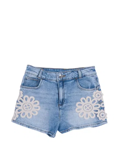 Liu •jo Kids' Floral-appliqué Denim Shorts In Blue