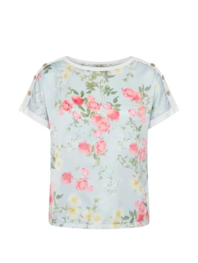 Liu •jo Floral-print Button-detail T-shirt In Blue