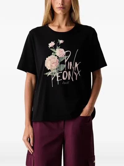 Liu •jo Floral-print Rhinestone-embellished T-shirt In Black