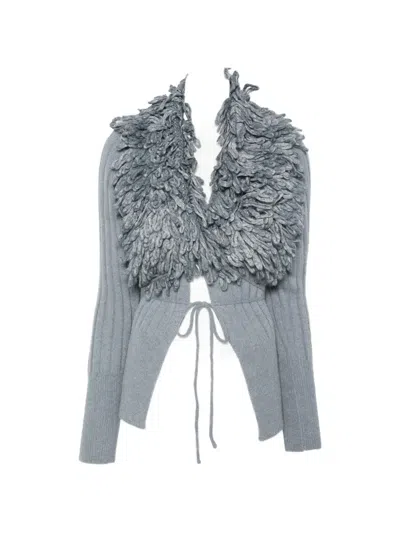 Liu •jo Fringe-trim Ribbed-knit Cardigan In Gray
