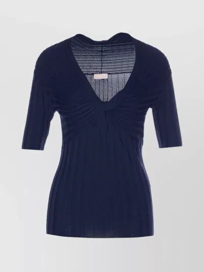 Liu •jo Front Knot Ribbed Knitwear V-neck In Blue