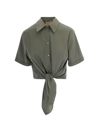 Liu •jo Front-tie Short-sleeve Cotton Shirt In Green