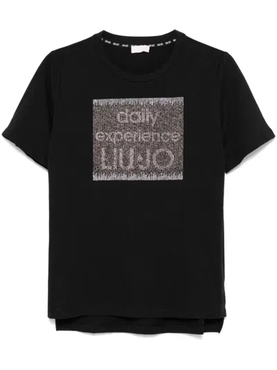 Liu •jo Gemstone-embellished Logo T-shirt In Black