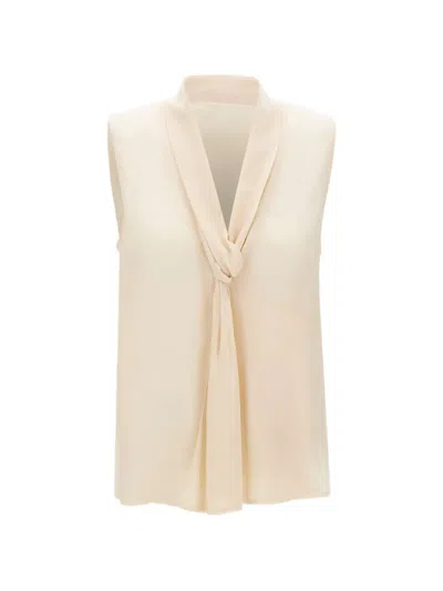 Liu •jo Georgette Knot-collar V-neck Top In Neutral